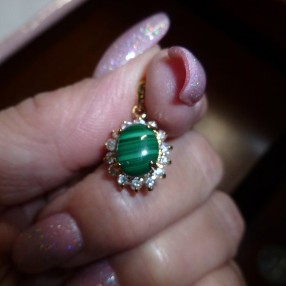 18K Gold Electroplate Malachite Swarovski Crystals Pendant - Picture 2 of 10